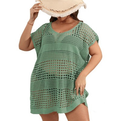 Swimsuit Cover Up Crochet Short Sleeve Bathing Suit Bikini Deep V Beach Summer Tops Regular Green | Target