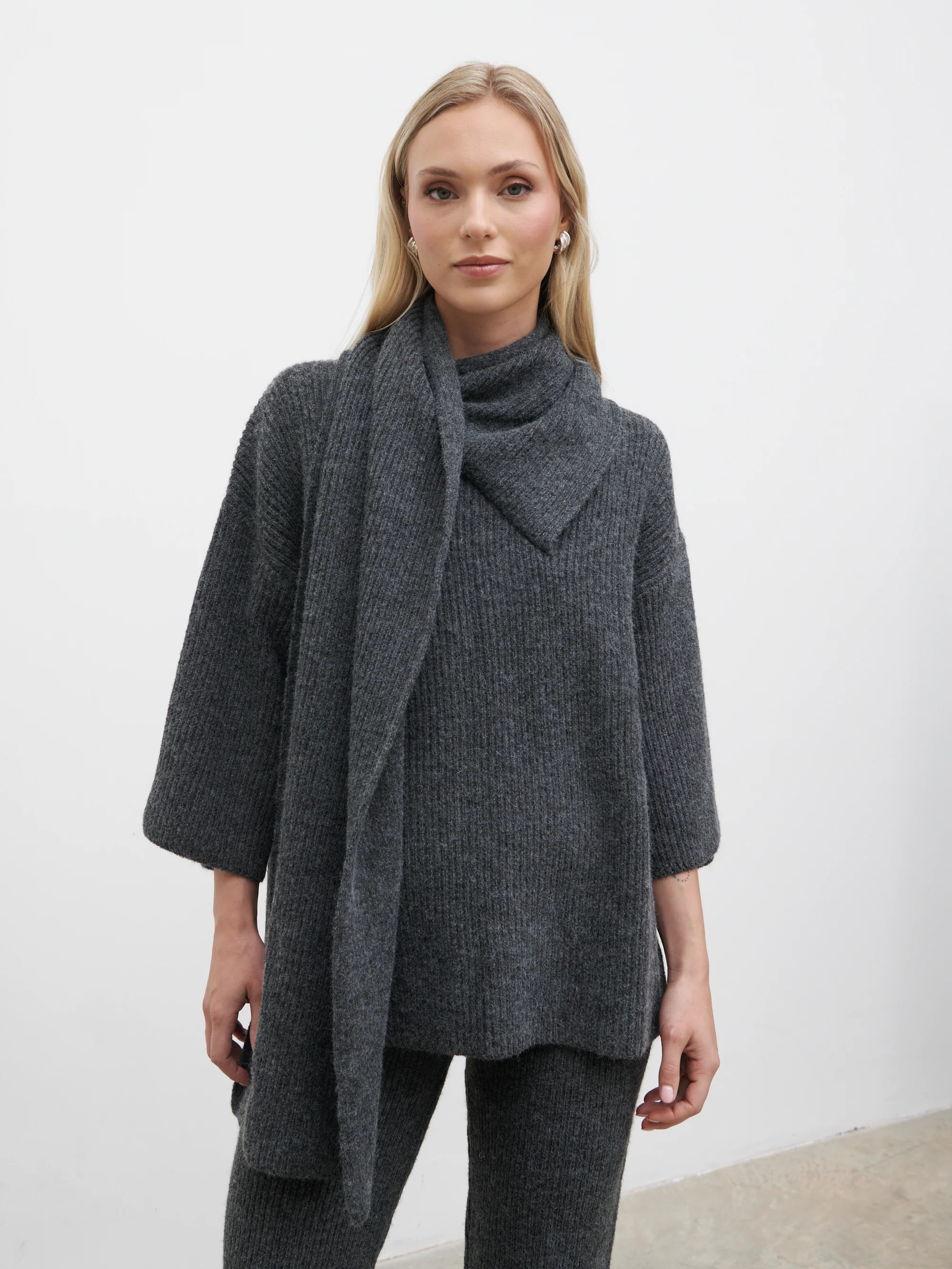 Beautrix Knit Attached Scarf Jumper - Charcoal | Pretty Lavish (UK)