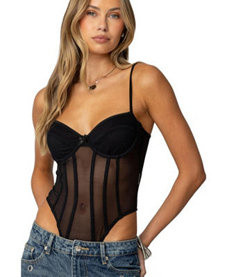 Edikted Womens Jenia Sheer Mesh Cupped Bodysuit - Macy's | Macy's