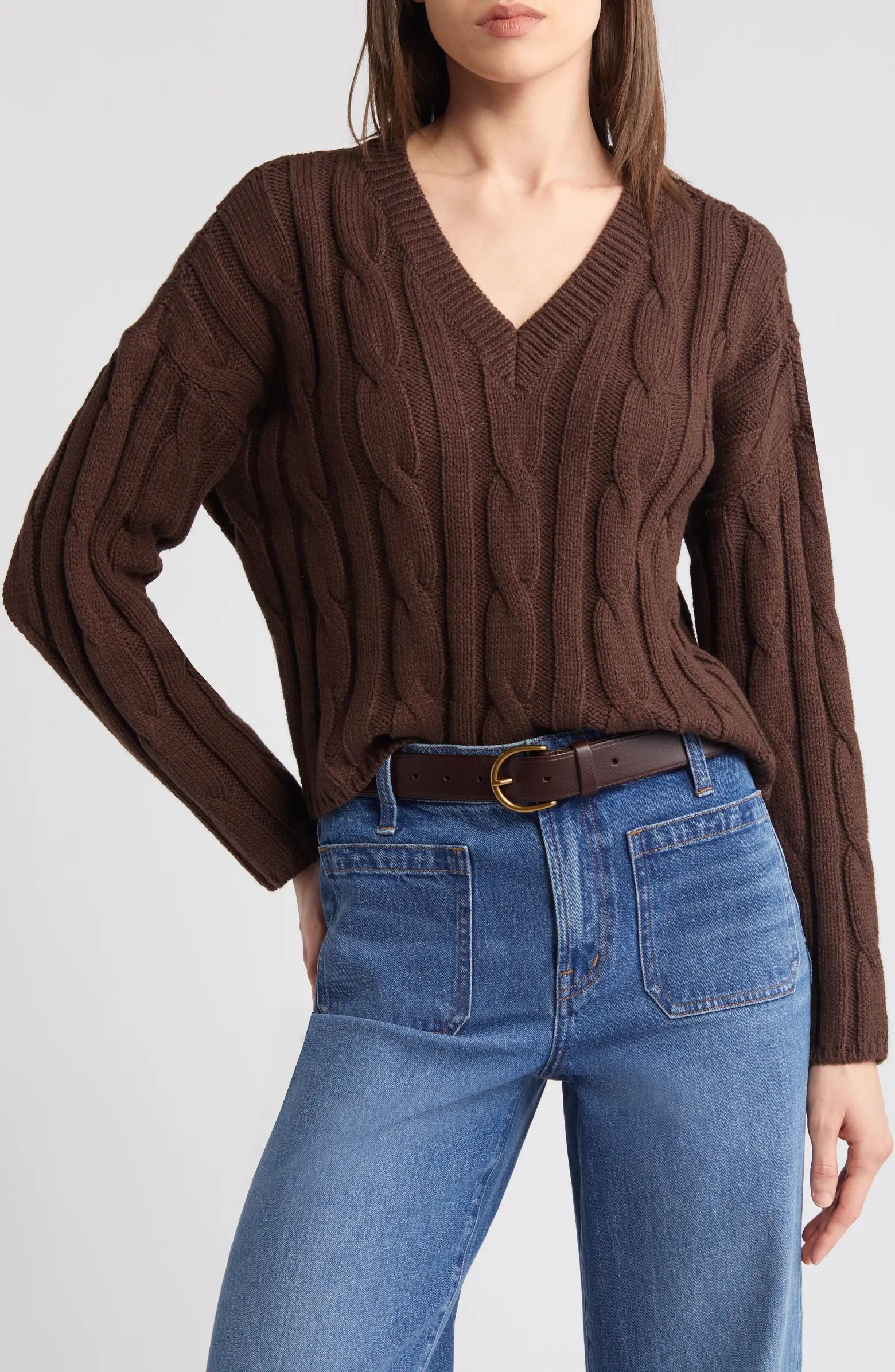 Cable Knit V-Neck Crop Sweater | Nordstrom