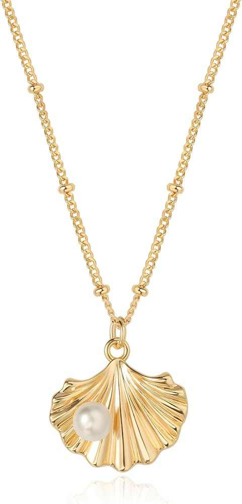 Gold Pendant Necklace for Women 14K Gold Plated Cubic Zirconia Simulated Pearl Ocean Starfish Sea... | Amazon (US)