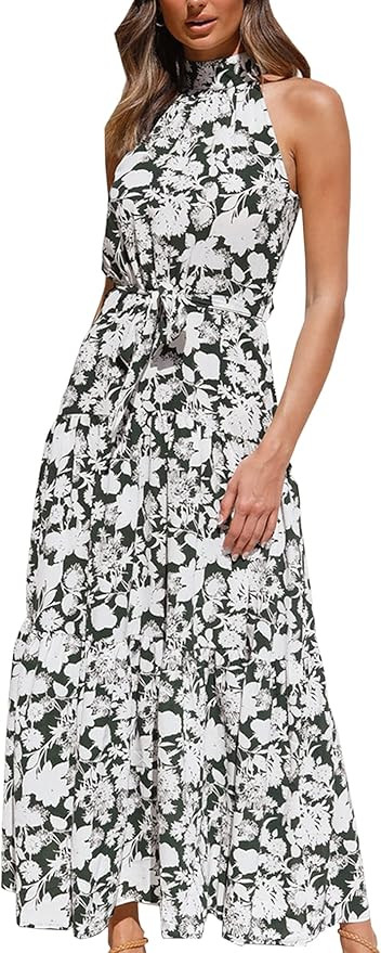 ECOWISH Women Dress Halter Neck Boho Floral Print Sleeveless Casual Backless Maxi Dresses | Amazon (US)