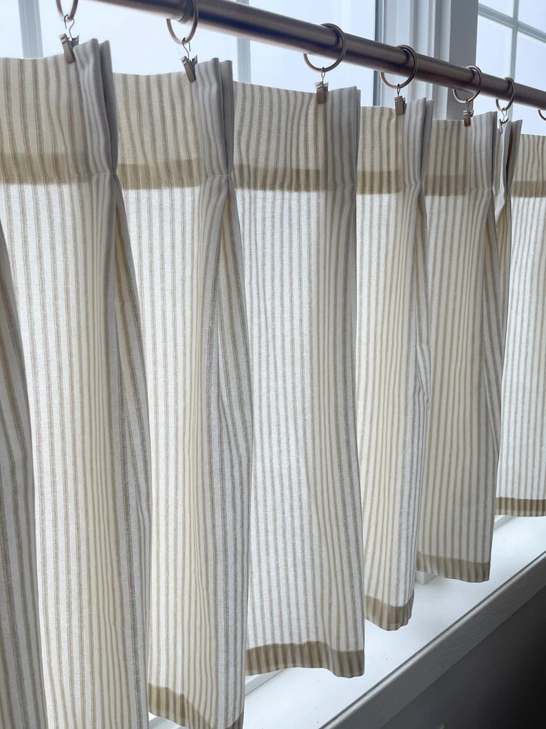 Pleated cream and brown ticking striped Cafe Curtain , Tier Curtains, Kitchen Curtains, Bathroom ... | Etsy (US)
