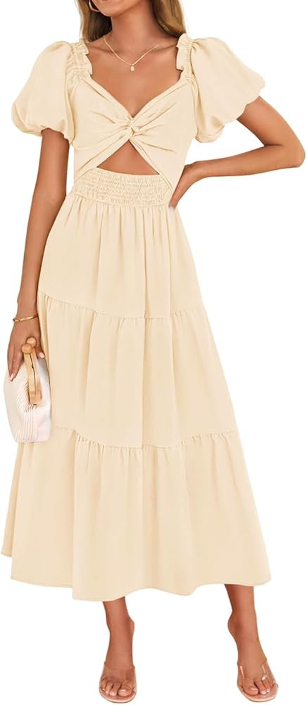 ZESICA Womens Summer Casual Flowy Vacation Maxi Dress 2026 Short Puff Sleeve A Line Smocked Cutou... | Amazon (US)