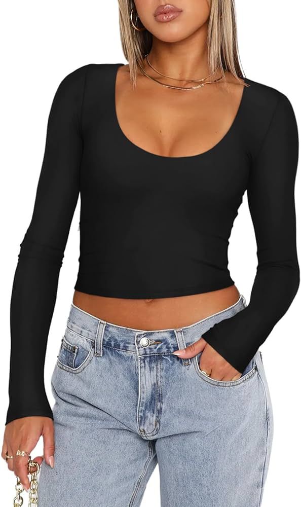 REORIA Women's Casual Scoop Neck Double Lined Long Sleeve Slim Fitted Tshirts Y2K Workout Crop To... | Amazon (US)