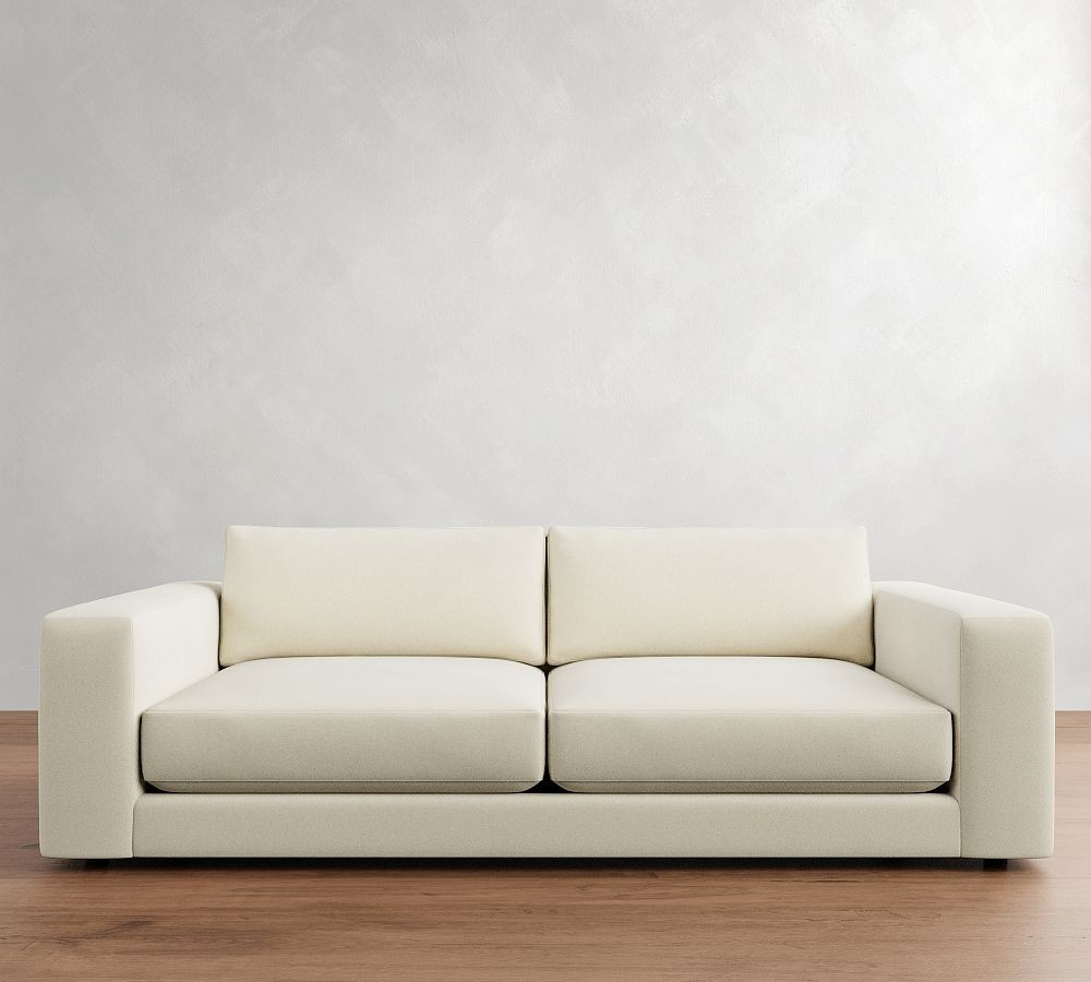 Carmel Lounge Square Arm Upholstered Sofa 86"" Down Blend Wrapped Cushions, Denim Warm White | Pottery Barn (US)