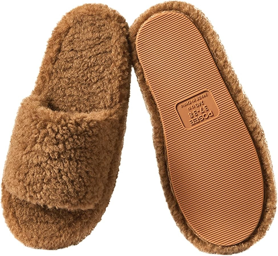 posee Fuzzy Memory Foam Slippers for Women, Fluffy Open Toe Slippers Curly Fur Cozy Flat Spa Slid... | Amazon (US)