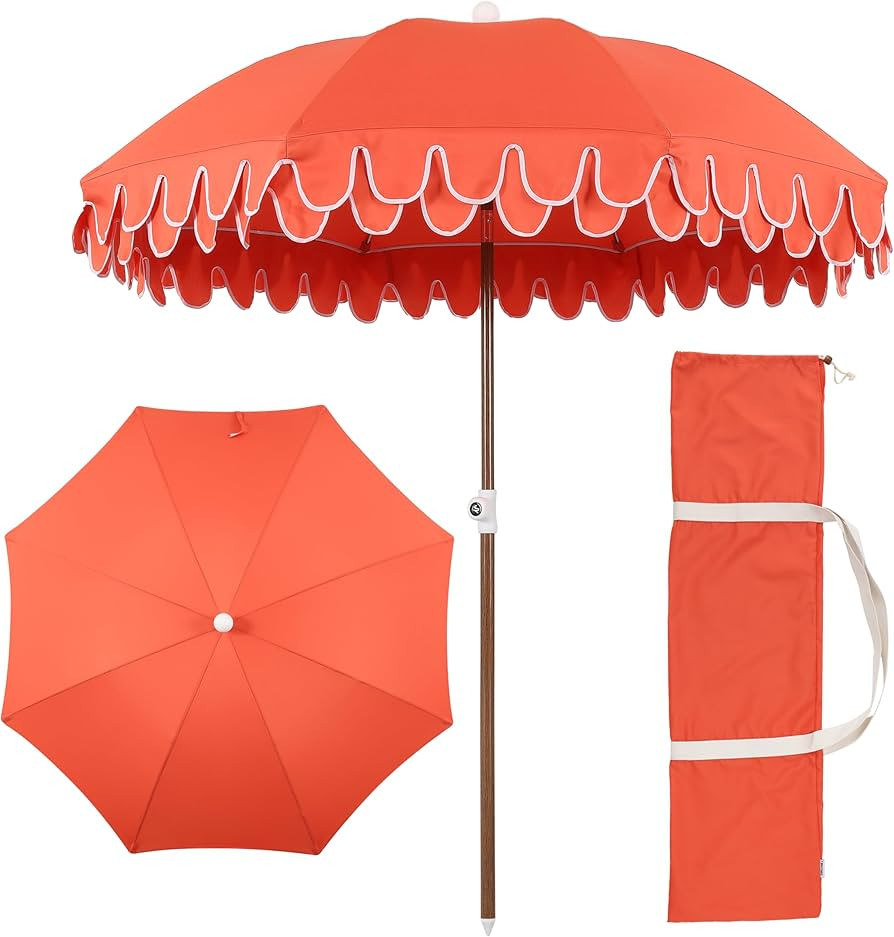 JONATHAN Y UMB1004F Horizon 6.5 ft. Classic MidCentury Scalloped Fringe Market Beach Umbrella wit... | Amazon (US)