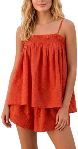 SOOKABEILA Women 2 Piece Lounge Set Sleeveless Striped Cami Peplum Top Boxer Shorts Loose Ruffle ... | Amazon (US)