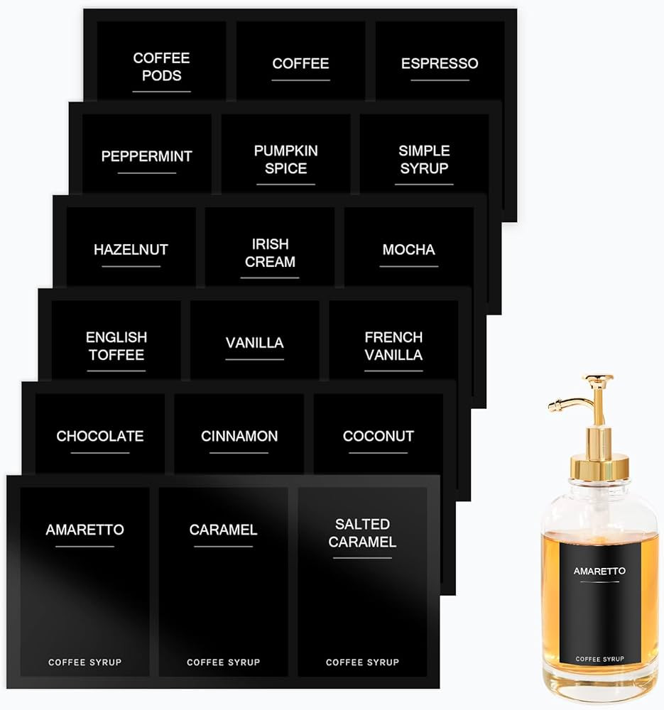 Mustry Coffee Syrup Labels for Coffee Bar Labels for Coffee Syrup Bottles (Black Standard) | Amazon (US)