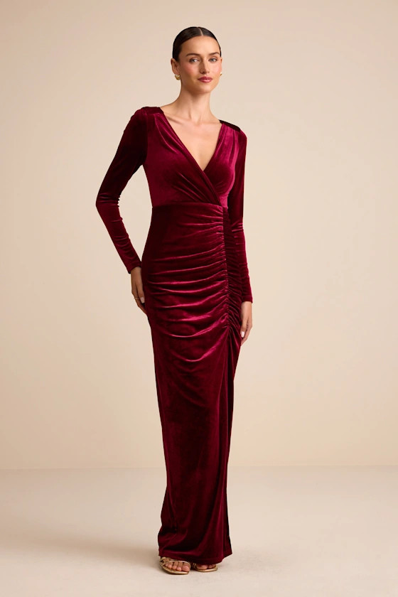 Yasna Burgundy Velvet Ruched Surplice Long Sleeve Maxi Dress | Lulus
