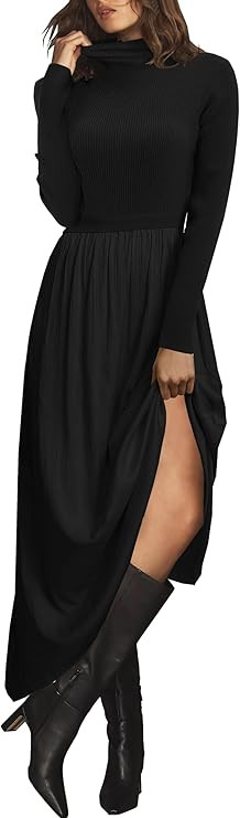 Womens Fall Mock Turtleneck Long Sleeve Ribbed Knit Pullover Tops Fashion Long Maxi Dress | Amazon (US)