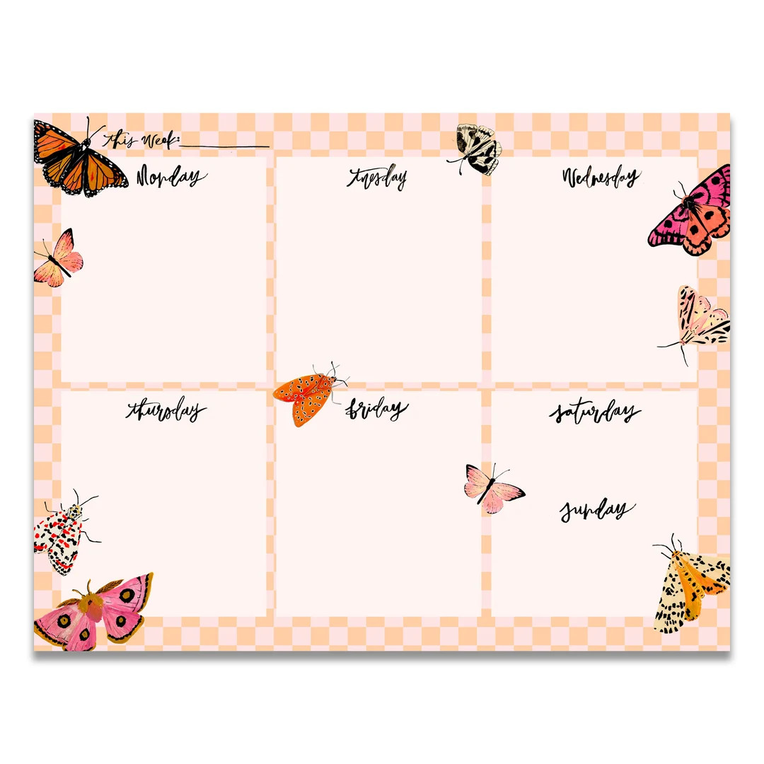Butterfly & Moth Weekly Planner Notepad Pink and Orange Checkerboard Stationery and Office Access... | Etsy (US)