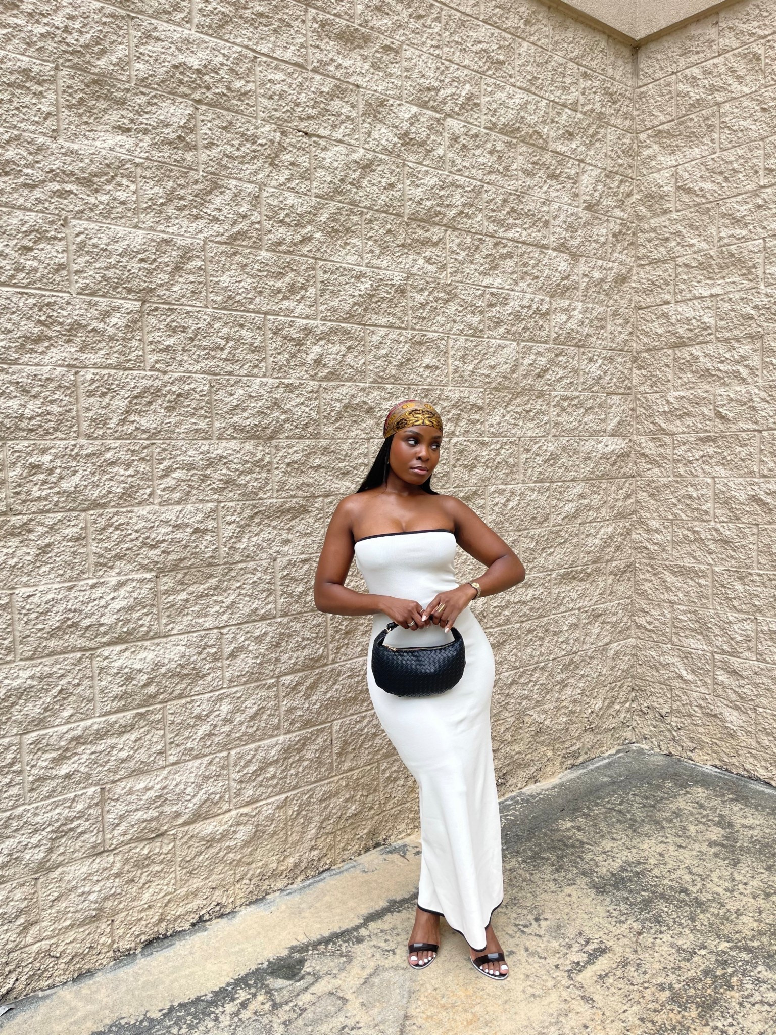 Fitted cream maxi dress, summer dress, strapless dress, silk head wrap, silk bohemian paisley print 