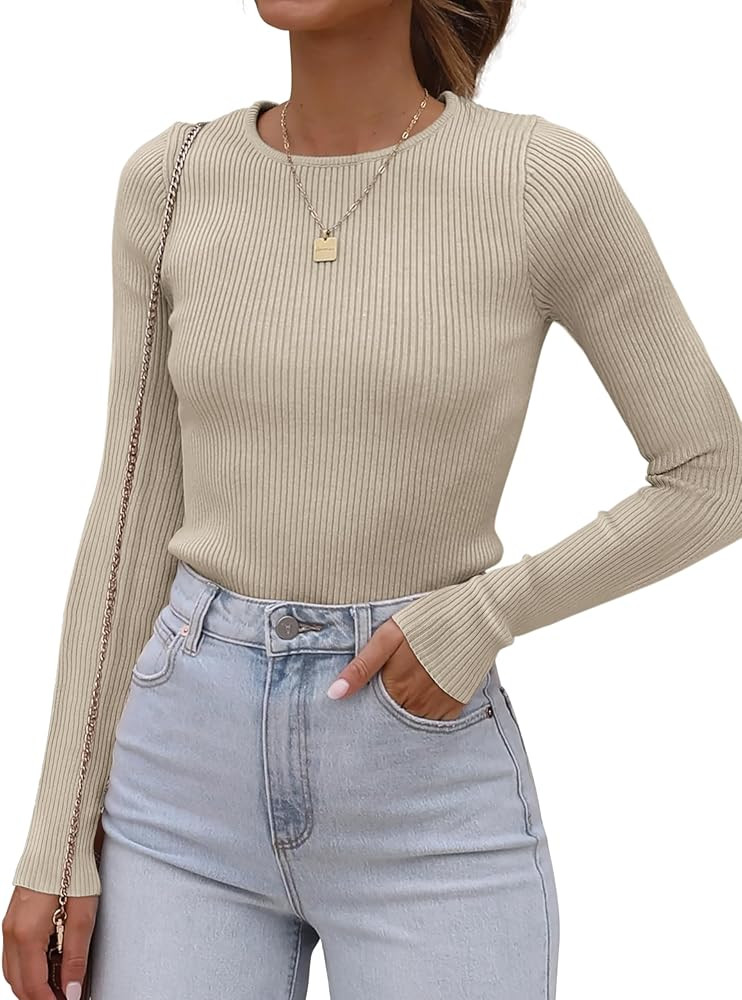 ATHMILE Womens Ribbed Knit T Shirt Casual Crewneck Tops Short Sleeve/Long Sleeve Sweaters Slim Fi... | Amazon (US)