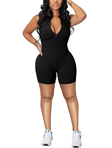chicyes Women's Summer Bodycon Shorts Rompers Sleeveless Sexy Zipper Ribbed One Piece Jumpsuits Bodysuit Black | Amazon (US)