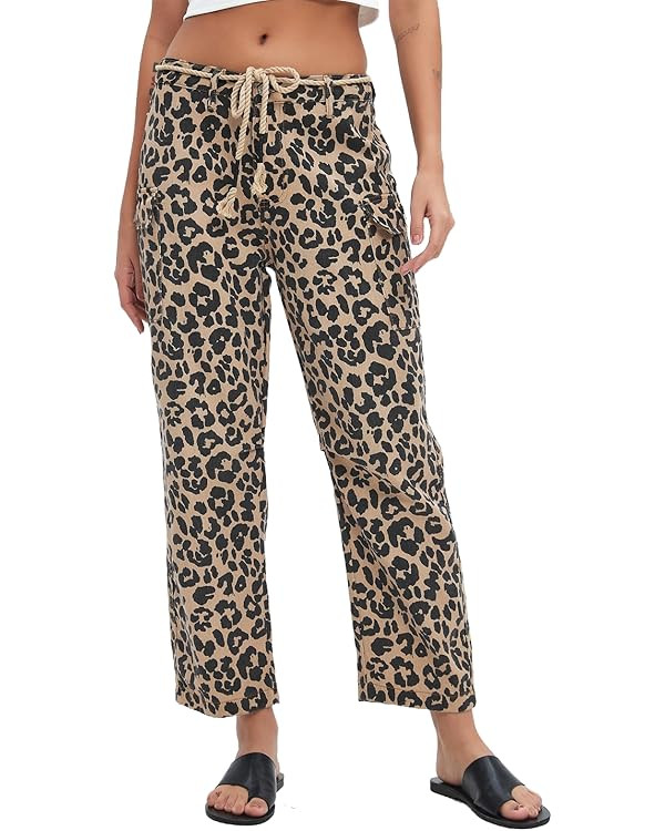 Distressed Baggy Jeans for Woman Leopard Mid Waist Wide Leg Denim Cargo Pants with Pockets Drawst... | Amazon (US)