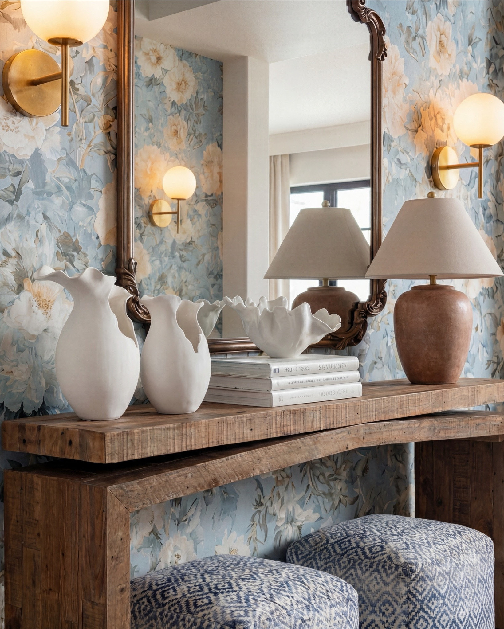 Bright, inviting, and beautifully styled — this foyer mixes rustic wood textures with soft blue floral tones for a welcoming, elevated entry moment. The reclaimed wood console brings warmth and depth, while the oversized carved mirror adds a touch of classic elegance. Blue patterned ottomans pull in the wallpaper’s tones, and layered ceramic vases create that effortless, collected look. Finished with brass globe sconces and a vintage-inspired runner, this space feels fresh, polished, and full of personality.

Shop the Look:
• Reclaimed wood waterfall console table
• Blue & cream floral wallpaper with watercolor undertones
• Carved antique-style bronze mirror
• Brass globe wall sconces
• Blue geometric patterned ottomans
• Vintage-wash blue and ivory runner
• Sculptural white ceramic vases
• Textured terracotta table lamp
• Neutral hardcover styling books
• Large white ceramic shell bowl

#LTKsale #LTKhome #LTKstyletip