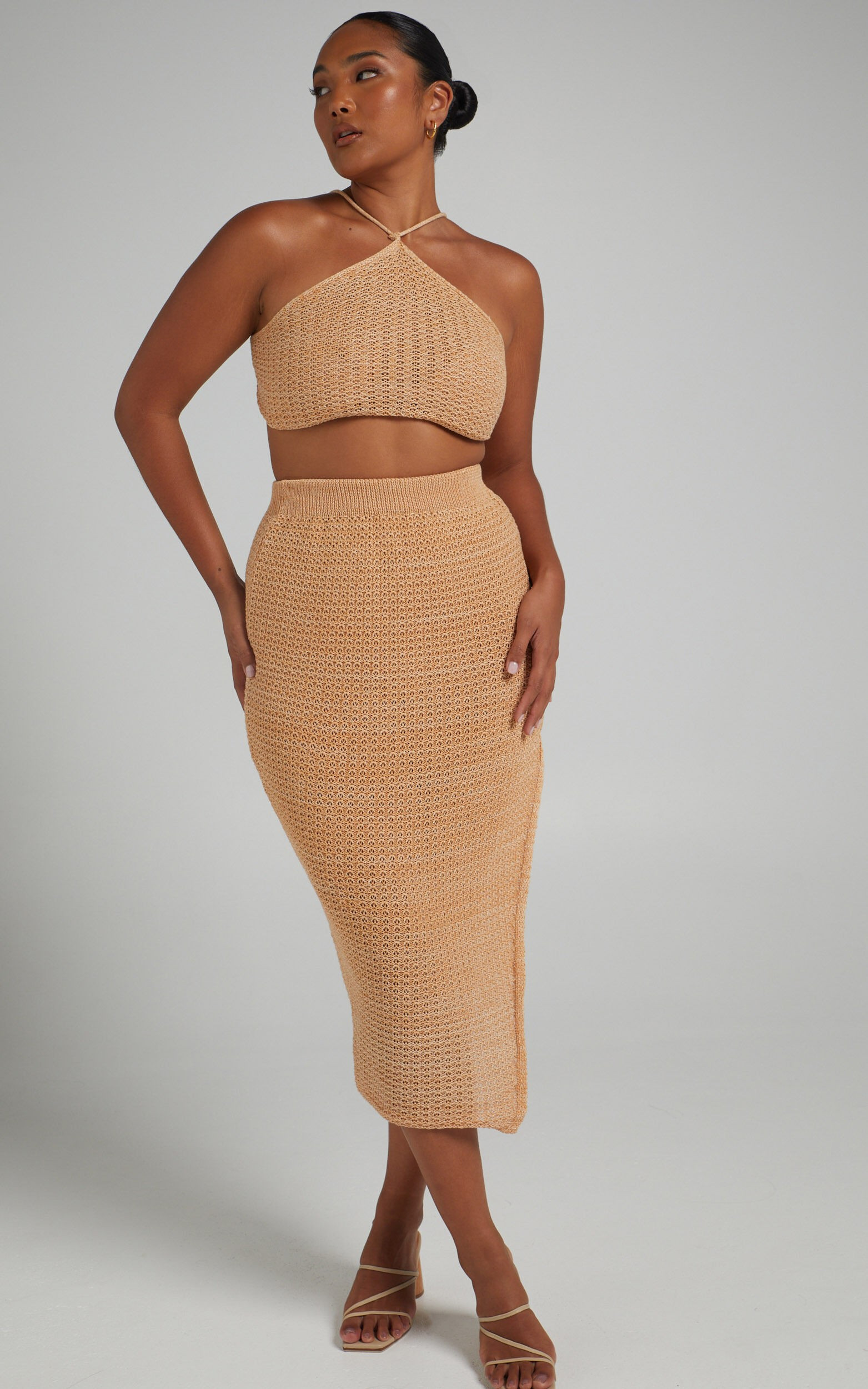 Missy Chevron Crochet Midi Skirt Two Piece Set in Beige | Showpo | Showpo - deactived
