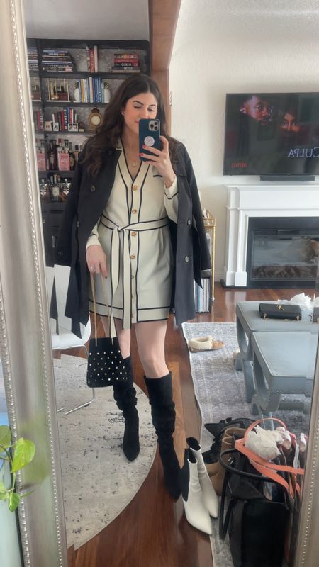 Laura Laura Lily classic white and black dress with gold buttons, Stuart Weitzman black boots, polka dot handbag, black trench coat, 
Brunch outfit 
Brunch outfit ideas 
Spring transition outfit 
Classic outfit 
Luxury style 
Revolve dress 