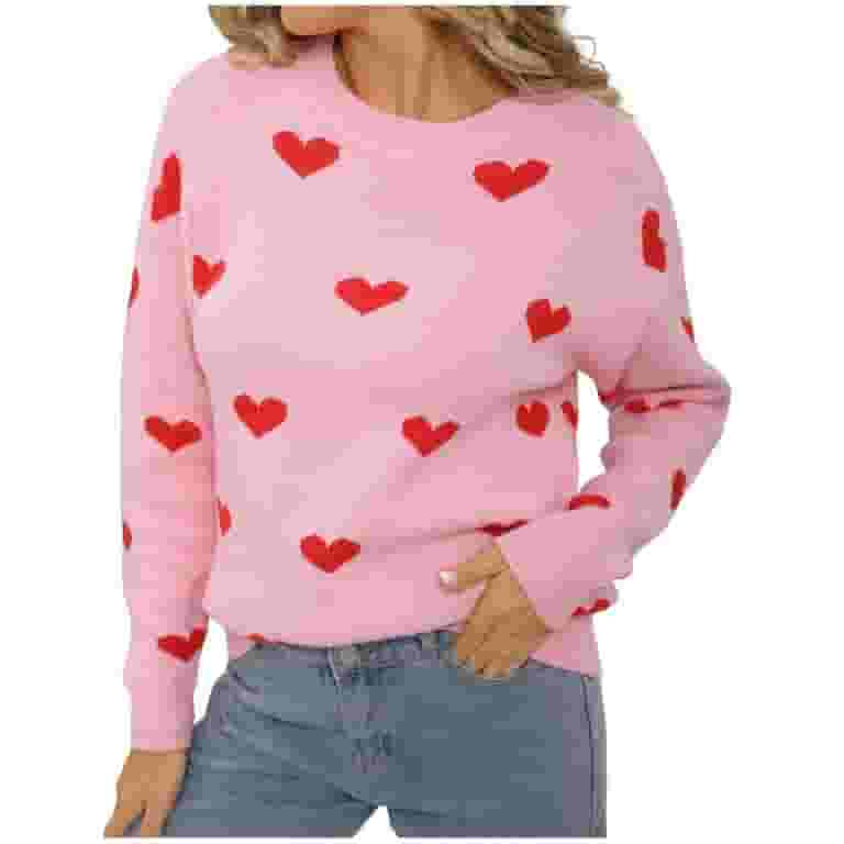 Trendy Sweaters for Women Love Hearts Pattern Crewneck Knit Pullover Long Sleeve Tops Valentines ... | Walmart (US)