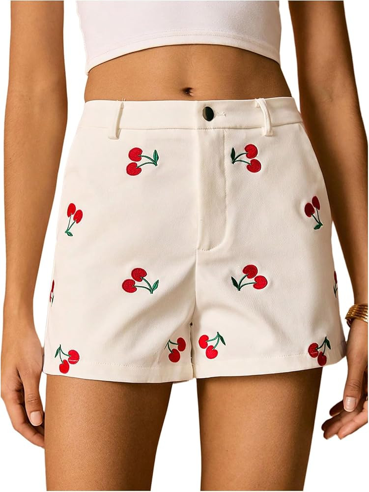 Floerns Women's Cherry Embroidery High Waisted Shorts Straight Leg Casual Short Pants | Amazon (US)