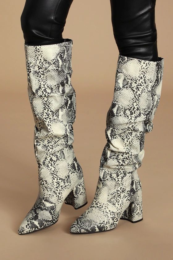 Cheriton Stone and Black Snake Pointed-Toe Knee High Boots | Lulus (US)