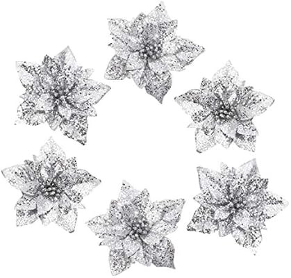 ARCCI 6" Artificial Silver Glitter Poinsettia Christmas Flower, Xmas Tree Ornaments Holiday Decor... | Amazon (US)