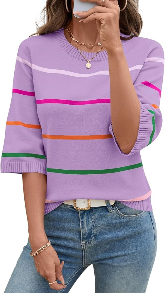 LOMON Womens Sweaters Casual Fall 2025 Crew Neck Striped 3/4 Sleeve Lightweight Knit Trendy Pullo... | Amazon (US)