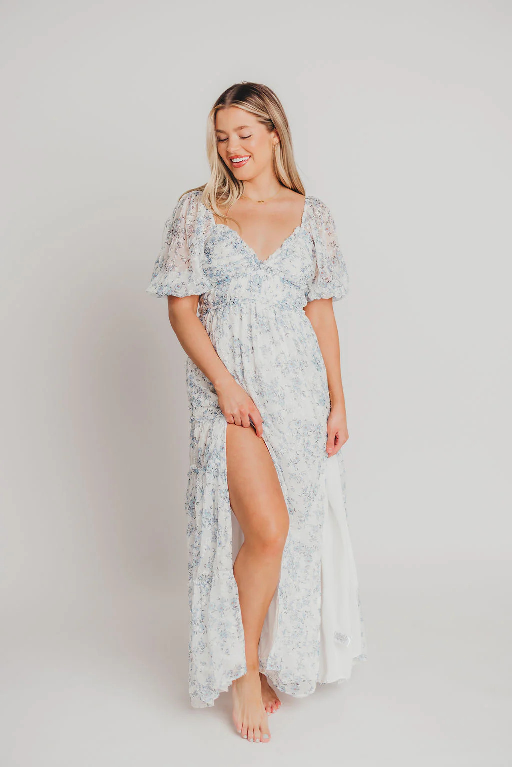 Daphne High Slit Eyelet Detail Maxi Dress in Blue and White Floral - B | Worth Collective