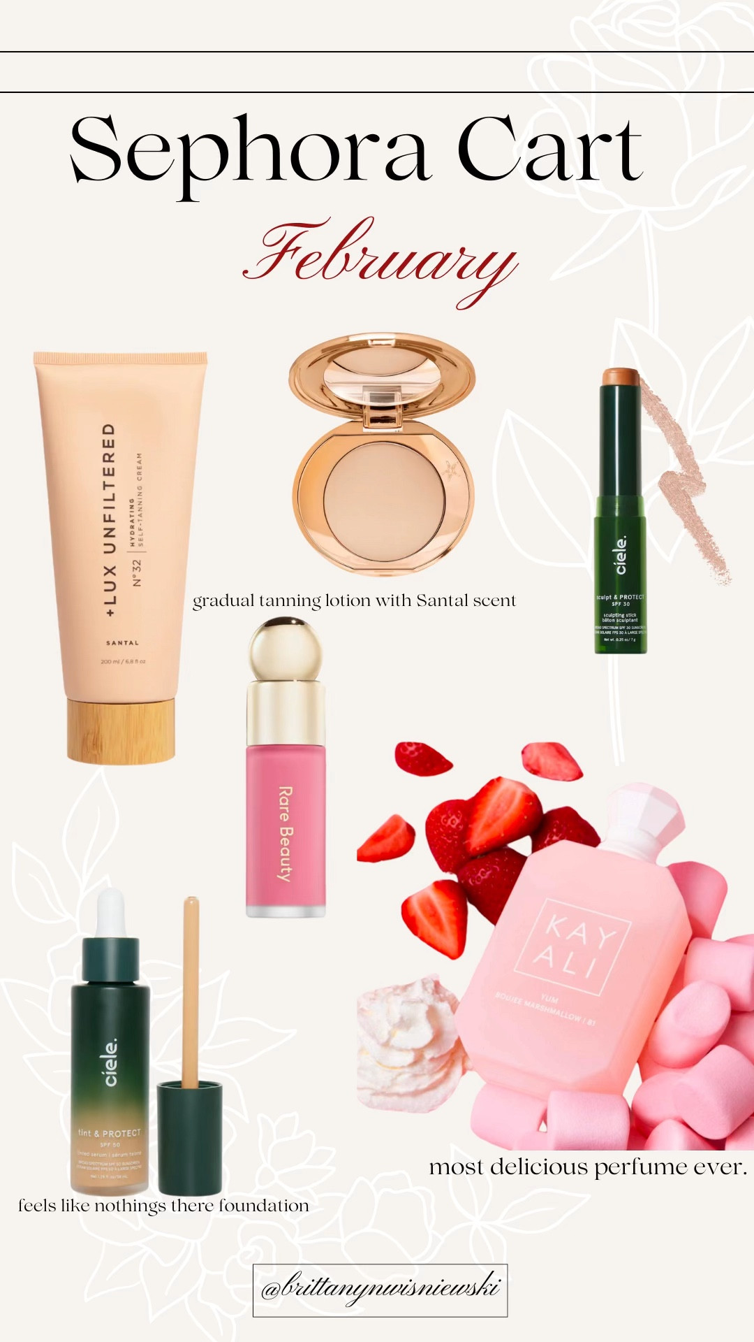 My Sephora cart ♡︎ KAYALI 
YUM BOUJEE MARSHMALLOW is the most amazing perfume I’ve EVER smelled!!!!  🍓 so much that I bought the full size and travel size for my purse.  The Charlotte Tilbury press powder is a go to favorite. I also bought the rare beauty, blush and happy as a mini because it would take me a lifetime to finish a full size.  The Cielo serum foundation is amazing. It feels like nothing is on your skin. It also has SPF 50. I bought the bronzing sculptor as well which also has SPF 50.  The Lux Unfilteres gradual self tanning moisturizer smells like Santal so i HAD to try it. 


These would also be great Valentine’s Day gifts 🌹

#sephoracart #sephora2025 #sephorapicks #bestperfume

#LTKGiftGuide #LTKBeauty #LTKMostLoved