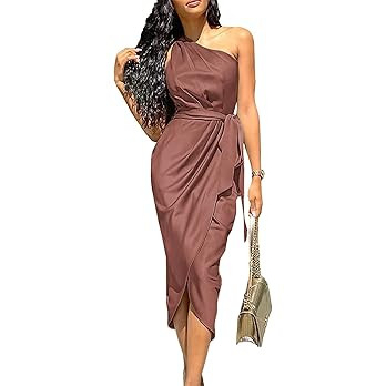 PRETTYGARDEN Women's 2023 Summer Ruched Bodycon Dress Sleeveless One Shoulder Wrap Satin Belted C... | Amazon (US)