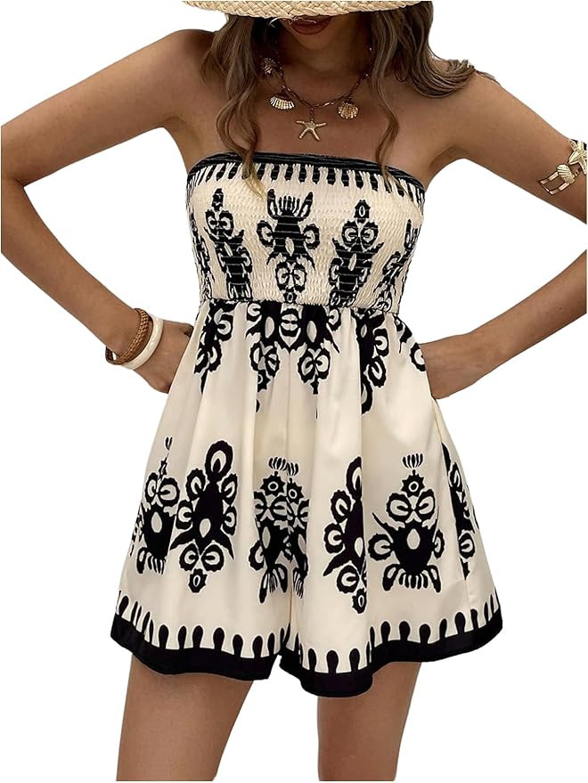GORGLITTER Women's Floral Print Strapless Romper Open Back Boho Sleeveless Smocked Shorts Jumpsui... | Amazon (US)