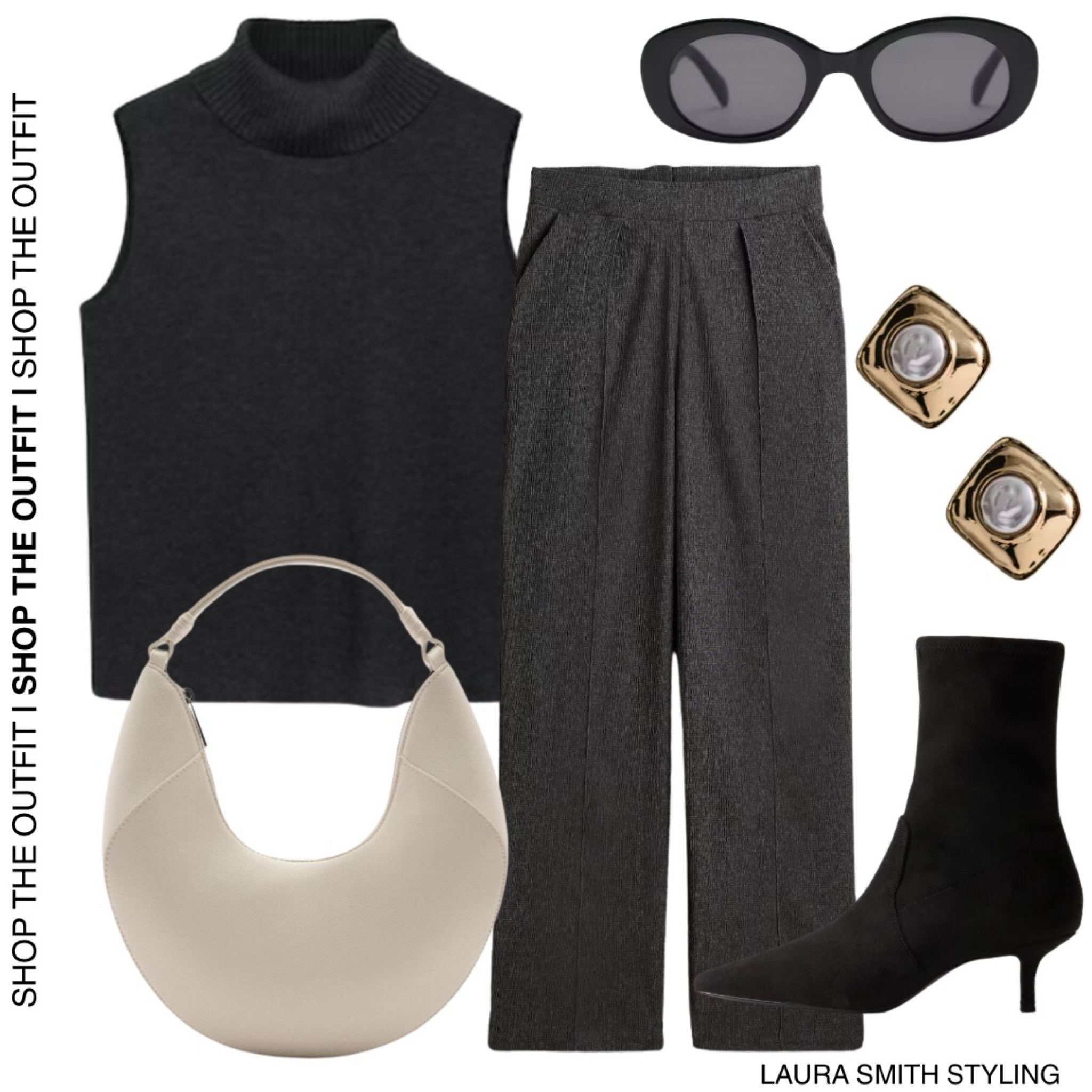 Channel your 90s NYC girl with an understated roll neck top matched with a minimal design handbag and stiletto heeled boots. Add a moment of interest with bold gold earrings.

Including black roll neck top, grey tailored trousers, white handbag, gold earrings, heeled boot, black sunglasses  

#LTKstyletip #LTKautumn #LTKworkwear