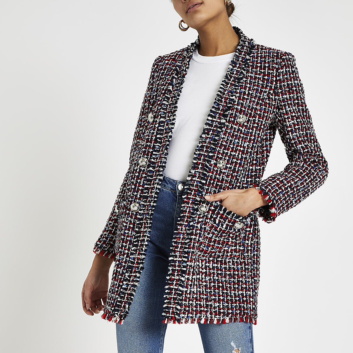 Red check boucle long line blazer
              
            




    £68.00


            
    ... | River Island (UK & IE)