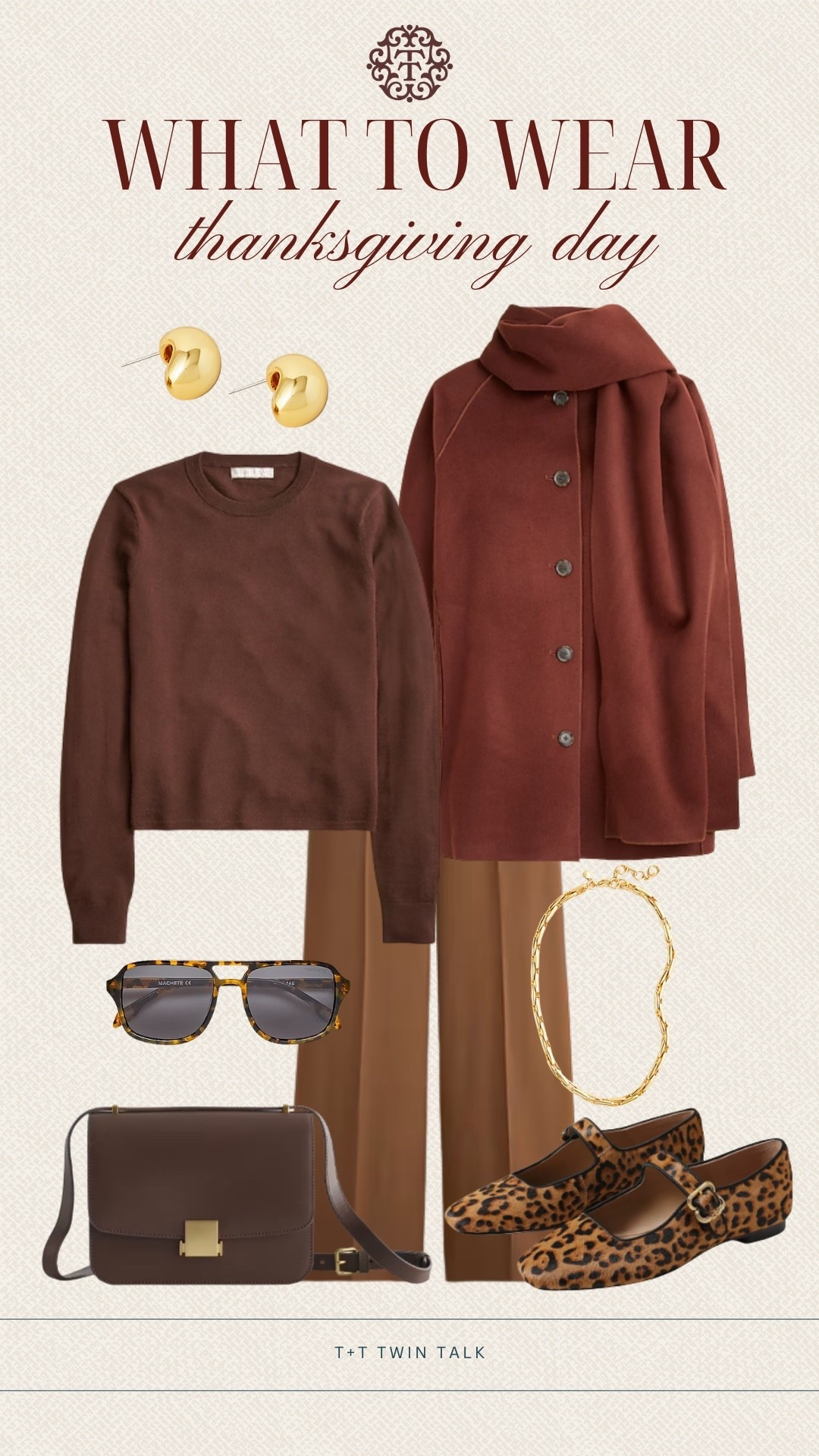 T+T, what to wear to thanksgiving! We are loving this J.Crew brown long sleeve paired with trousers and a burnt orange jacket. We accessorized the look with gold jewelry, a brown purse, and cheetah print Mary Jane flats. 

#LTKStyleTip #LTKItBag #LTKShoeCrush