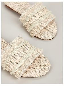 OYOANGLE Women's Fringe Straw Sandals Crochet Open Toe Single Band Flat Slip On Sandals | Amazon (US)