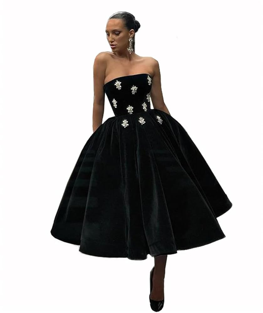 Women Black Velvet Midi Prom Dresses A-Line Strapless Crystals Pleated Velour Formal Party Dresse... | Amazon (US)
