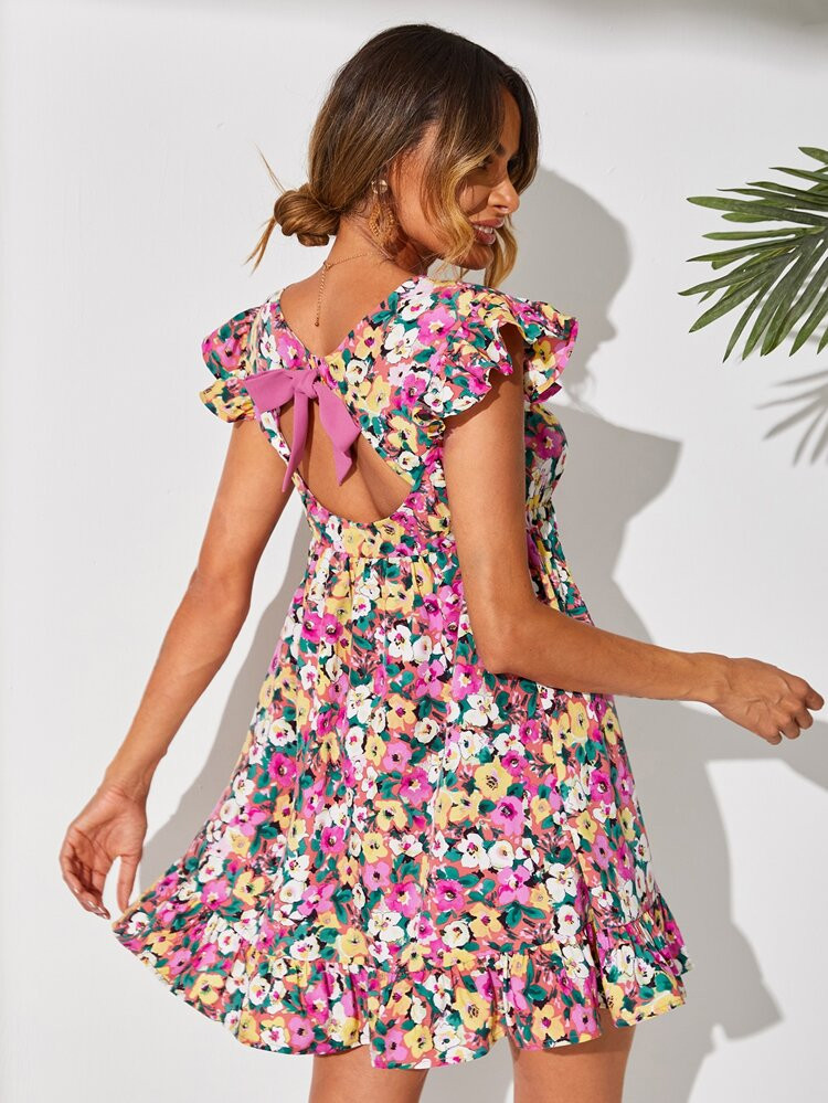 SHEIN VCAY Allover Floral Print Tie Back Ruffle Hem Dress | SHEIN