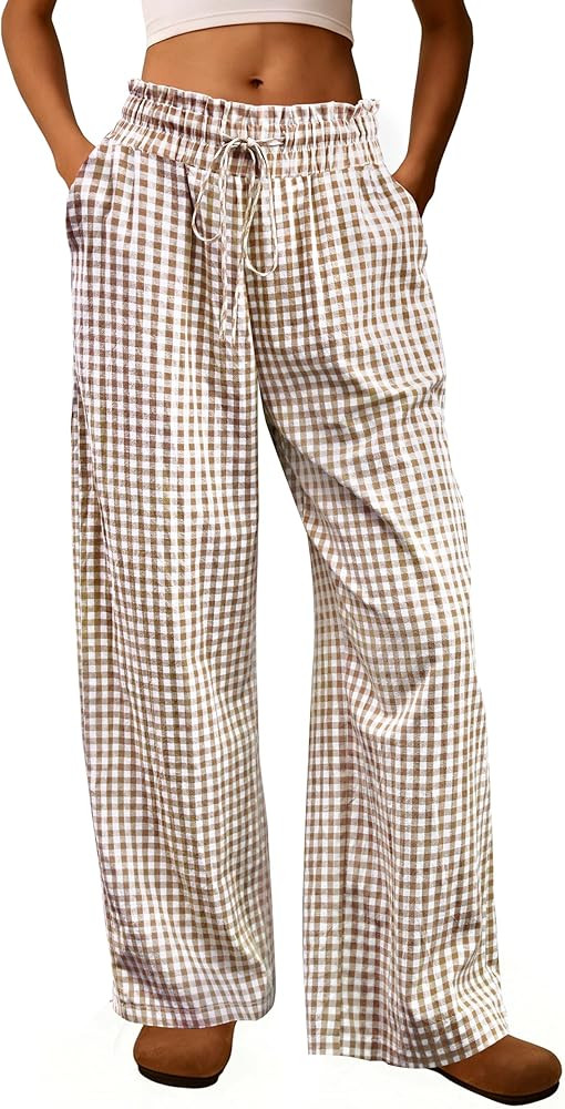 Womens Striped Gingham Pants Cotton Ruffle Pajama Lounge Pj Bottoms Plaid Trousers Summer Clothes... | Amazon (US)