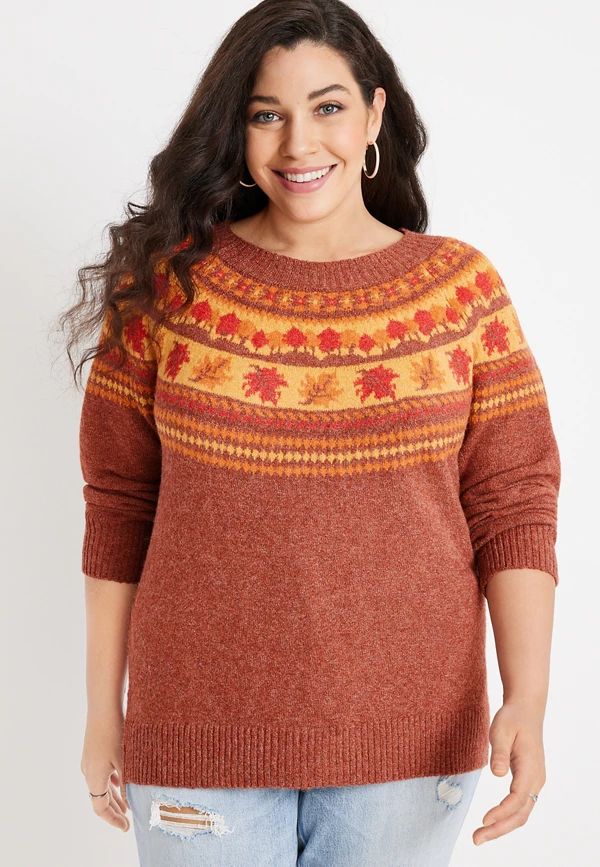 Plus Size Textured Leaf Fair Isle Sweater | Maurices