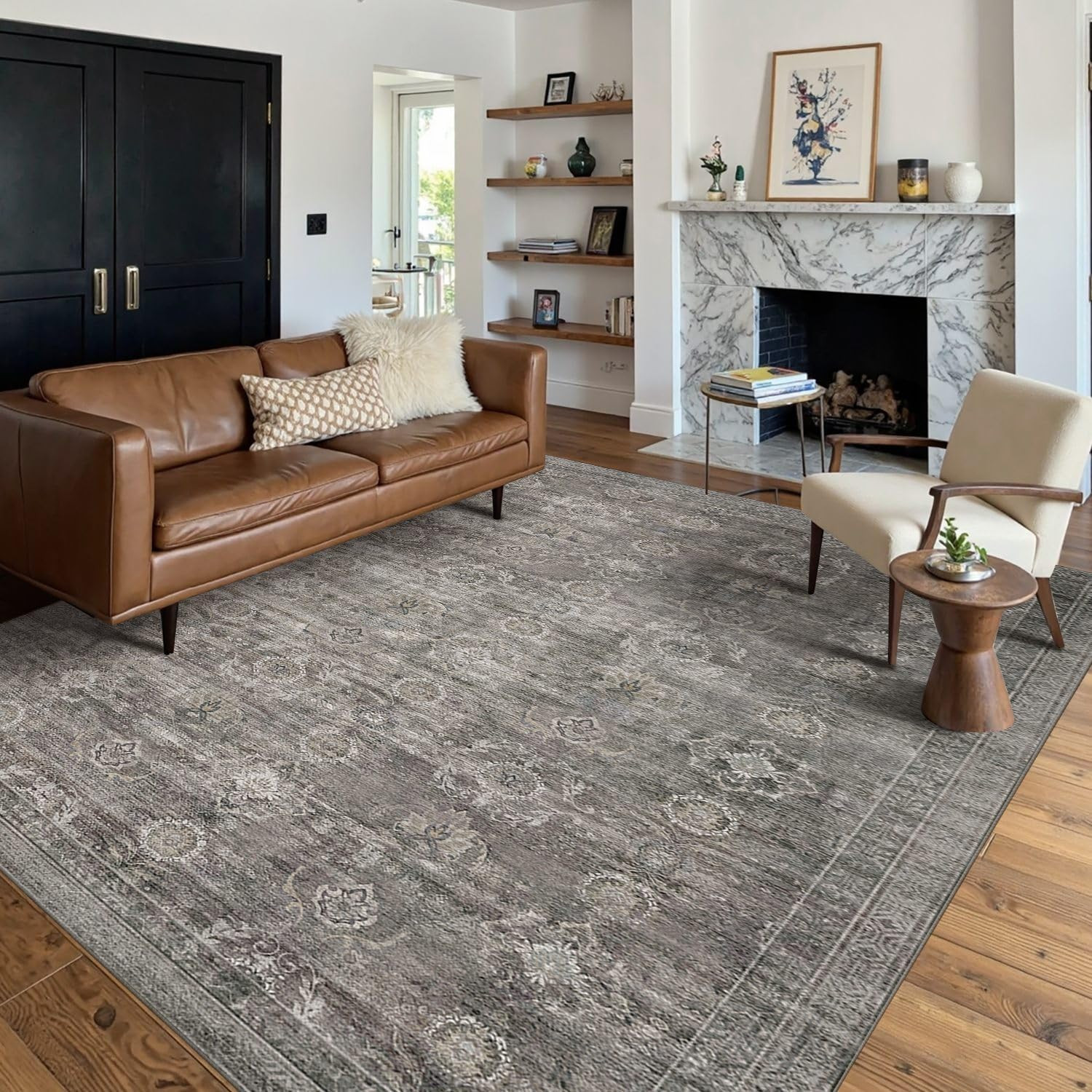 Area Rugs 5x7 Washable Rug for Living Room Bedroom Dorm, Taupe/Grey | Non Slip, Rug for Dining Kids Room Office Farmhouse, Stain Resistant, Soft, Vintage Boho Retro Carpet, Low Pile, Home Decor | Amazon (US)
