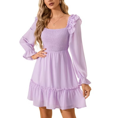Women's Smocked Square Neck Short Dress Ruffle Long Puff Sleeve Casual Mini Dress Wedding Guest Dresses for Women Purple L | Target