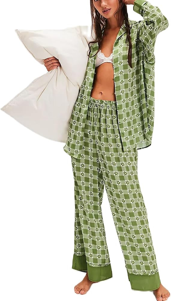 Women Satin Pajama Set Floral Silk Pajamas 2 Piece Lounge Sets Button Down Shirts Wide Leg Pants ... | Amazon (US)