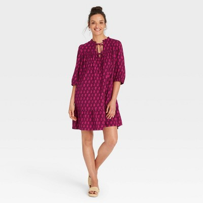 Women's Balloon Long Sleeve Tie-Front Dress - Universal Thread™ Burgundy Floral S | Target