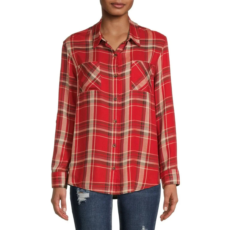 No Boundaries Juniors' Button-Front Plaid Shirt | Walmart (US)