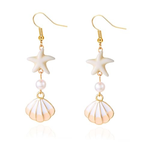 Amazon.com: Gold Starfish Shell Dangle Drop Earrings, Beach Jewelry for Women, Summer Boho Beachy... | Amazon (US)