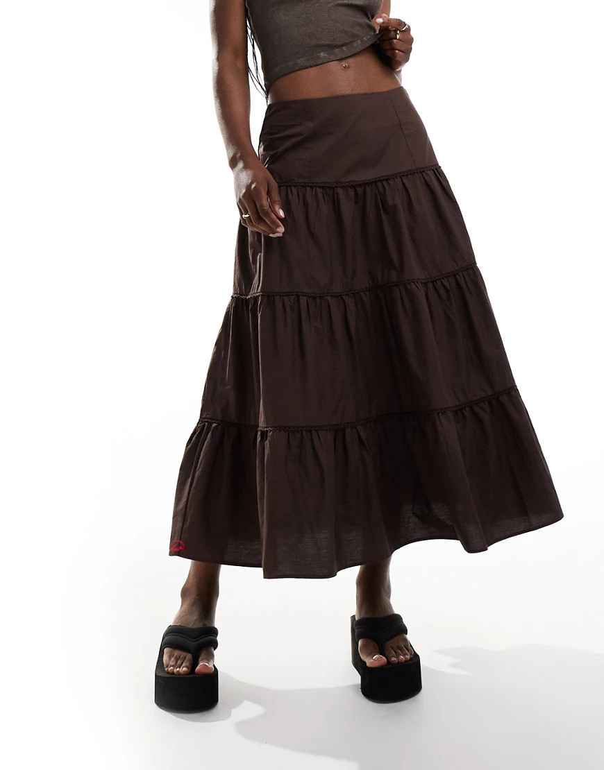 Monki tiered maxi cotton poplin skirt in brown | ASOS (Global)