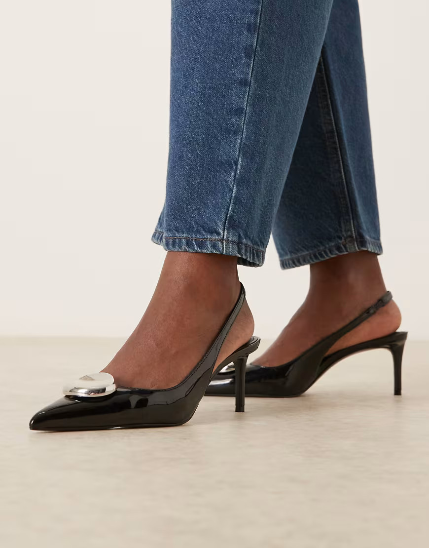 Mango pointed toe slingback heels with statement hardware in black | ASOS (Global)