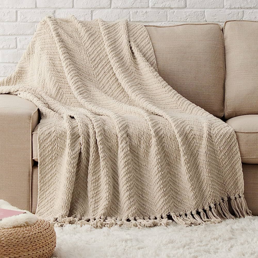 Bedsure Throw Blanket for Couch – Taupe Versatile Knit Woven Chenille Blanket for Chair, 50 x 6... | Amazon (US)